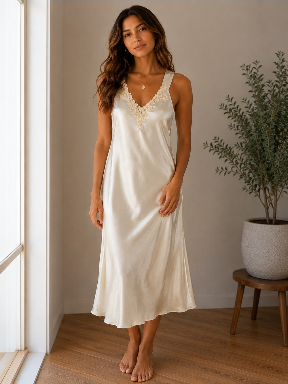 Vintage Intimate Affair Ivory Satin Slip Dress Size Medium Made in USA